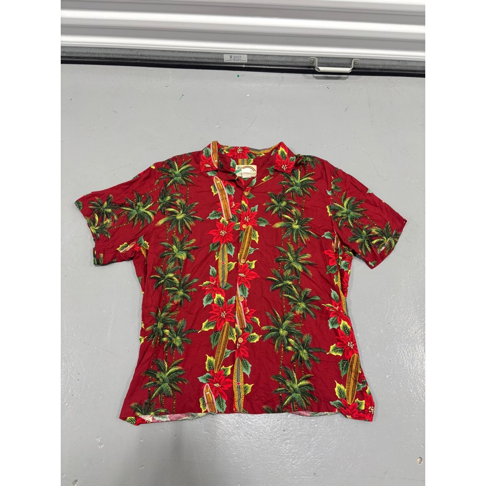 Paradise Found Honolulu Hawaii Mens Large Red Palm Tree Surfboard Shirt‎ Rayon